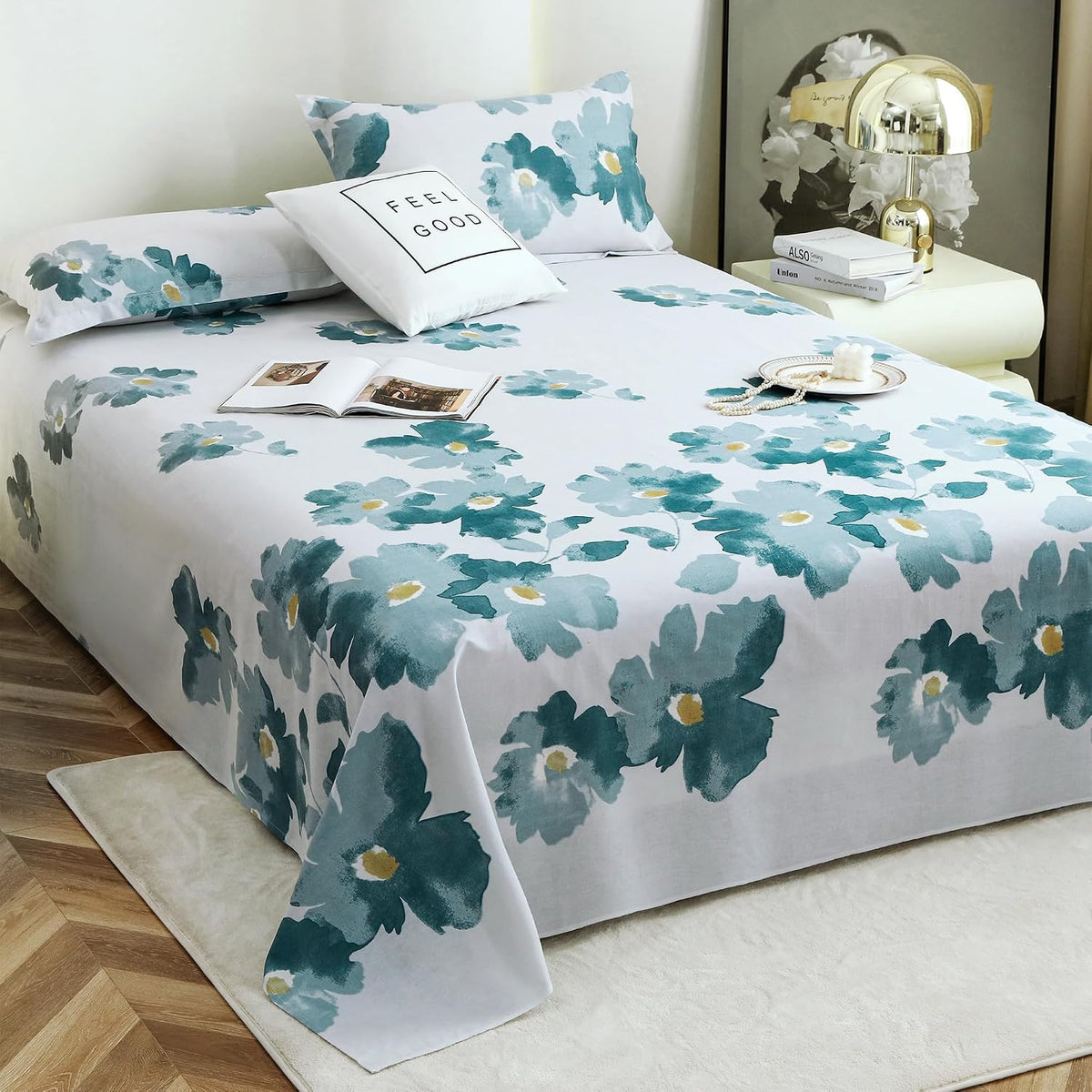 Bedsheet For Double Bed Cotton With 2 Pillow Covers, Blue & Grey - Queen Size 88 X 100 Inches | 190 Thread Count - Ideal For Festive Occasions