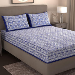 Handloom Printed Double Bedsheet For Queen Size With 2 Matching Pillow Cover | Size 90 X 100 Inches, Blue & White - Cotton Bedsheets For Double Bed | Soft & Smooth