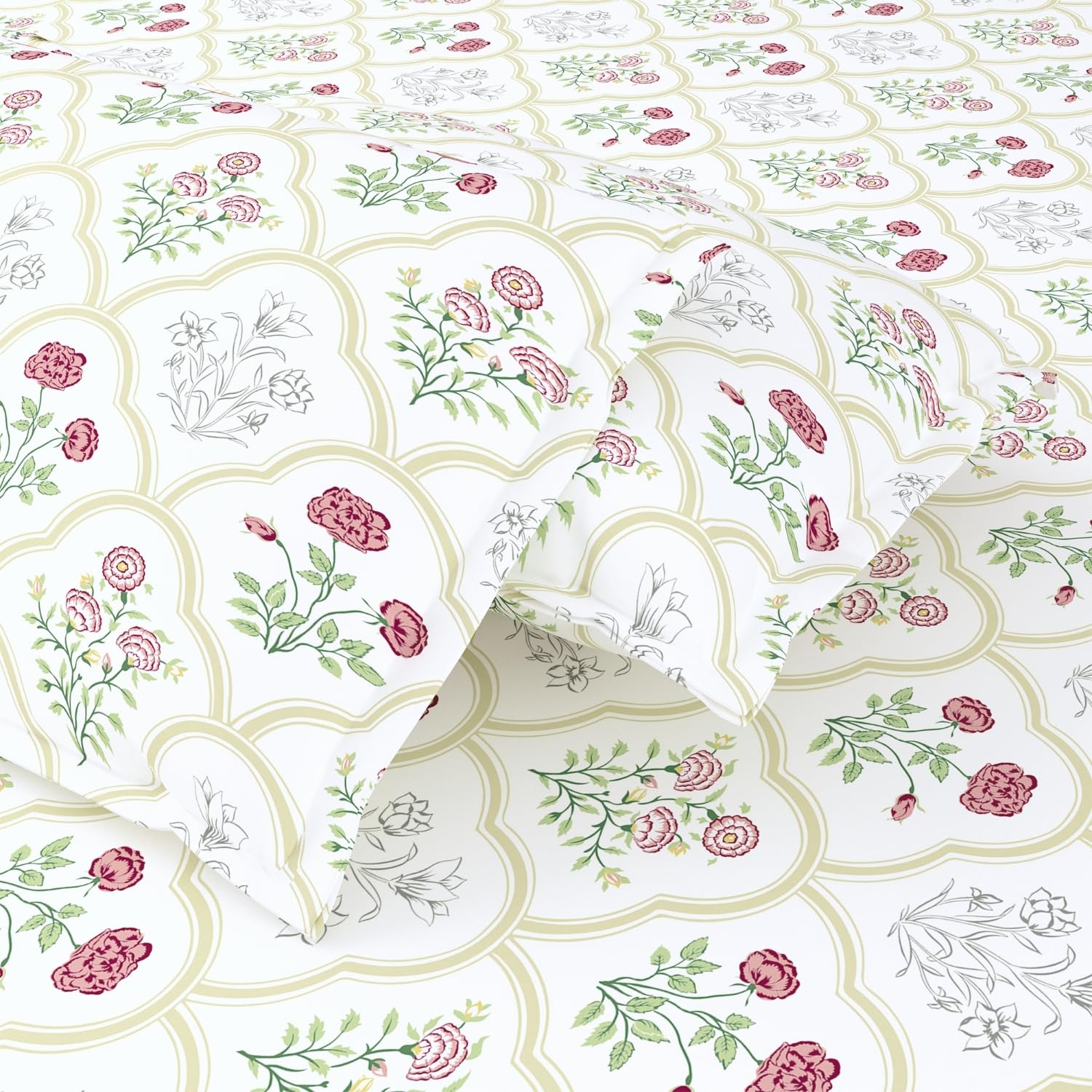King Size Bedsheet With 2 Pillow Covers - 108 X 108 Inches, White & Green | Breathable Softness & Durability | Shrink?Resistant & Fade?Resistant