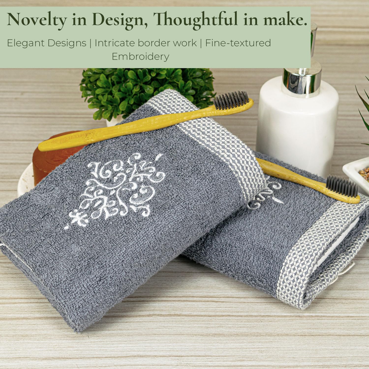 Rangoli 100% Bamboo Hand Towels 500 Gsm | Ultra Soft, Quick-Absorbent & Eco-Friendly Towels For Hand & Bathroom - Dark Grey (Set Of 2)