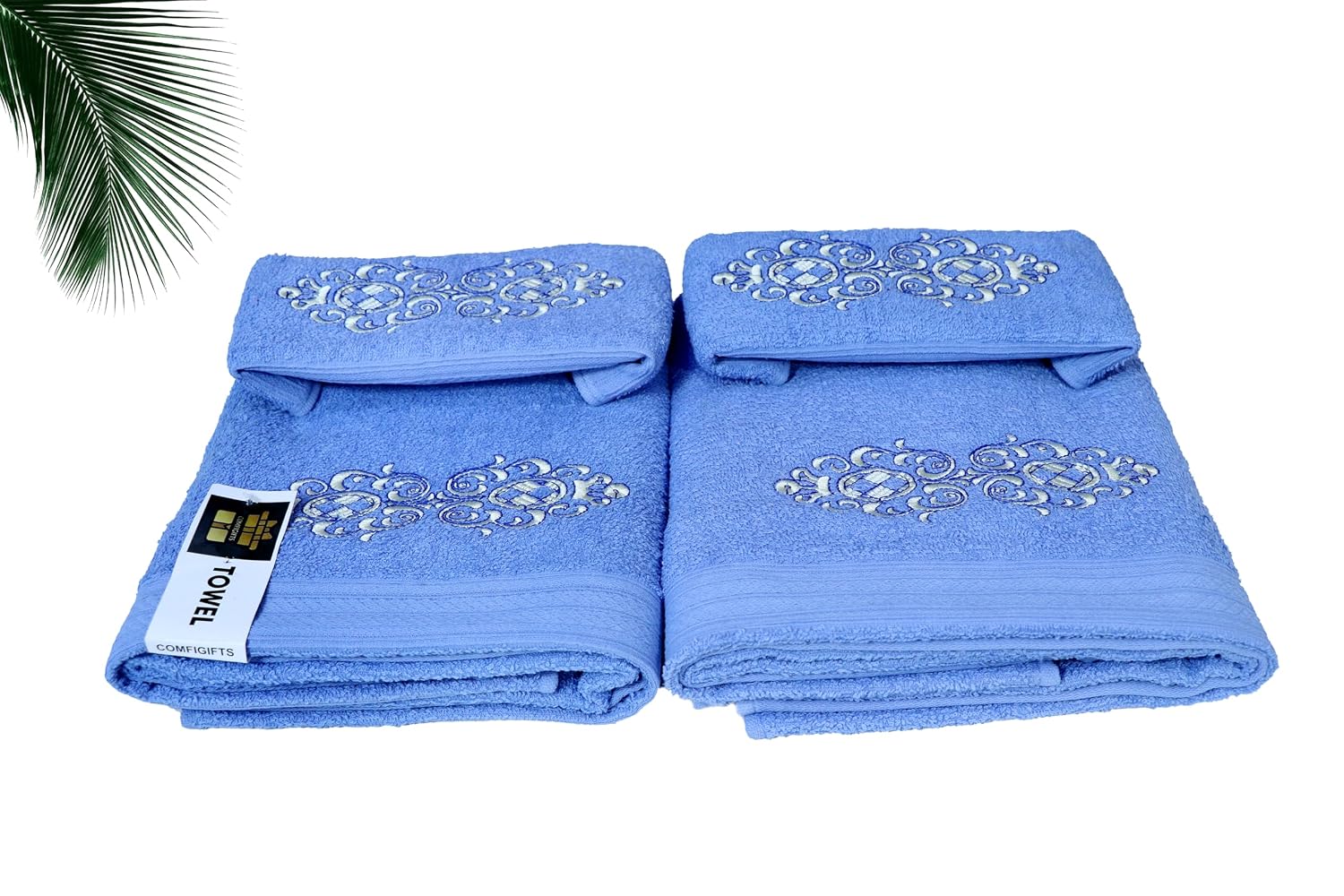 Comfigifts 100% Cotton 2 Bath & 2 Hand Towels 1400 Gsm | Soft, Absorbent, Lightweight Towels With Computerized Embroidery (Light Blue D2)