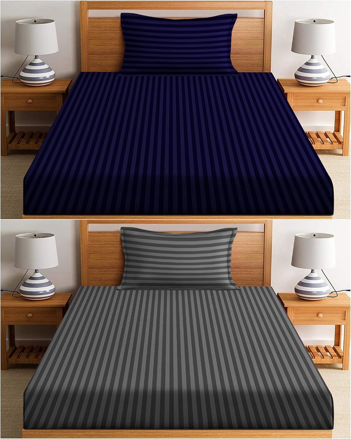 2 Plain Bedsheets For Single Bed With 2 Pillow Covers - 60 X 90 + 5 Inches, Grey & Blue | Light Weight & Easy To Wash At Home