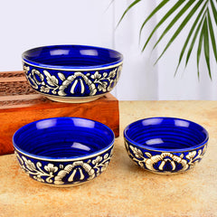 Studio Pottery Hand Painted Dinner Serving Bowl Set Of 3 - 650ml, 450ml & 250ml, Blue & White, Mughal Floral Painting | Dinner Serving Donga Set - Stackable Kitchen Bowl Set