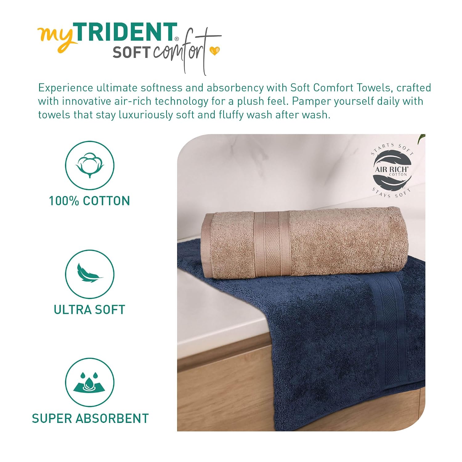 Mytrident Soft Comfort Air Rich 100% Cotton Bath Towel 1000 Gsm | Highly Absorbent Towels For Men & Women Bath Towel (Acorn & Navy) - 2 Pcs