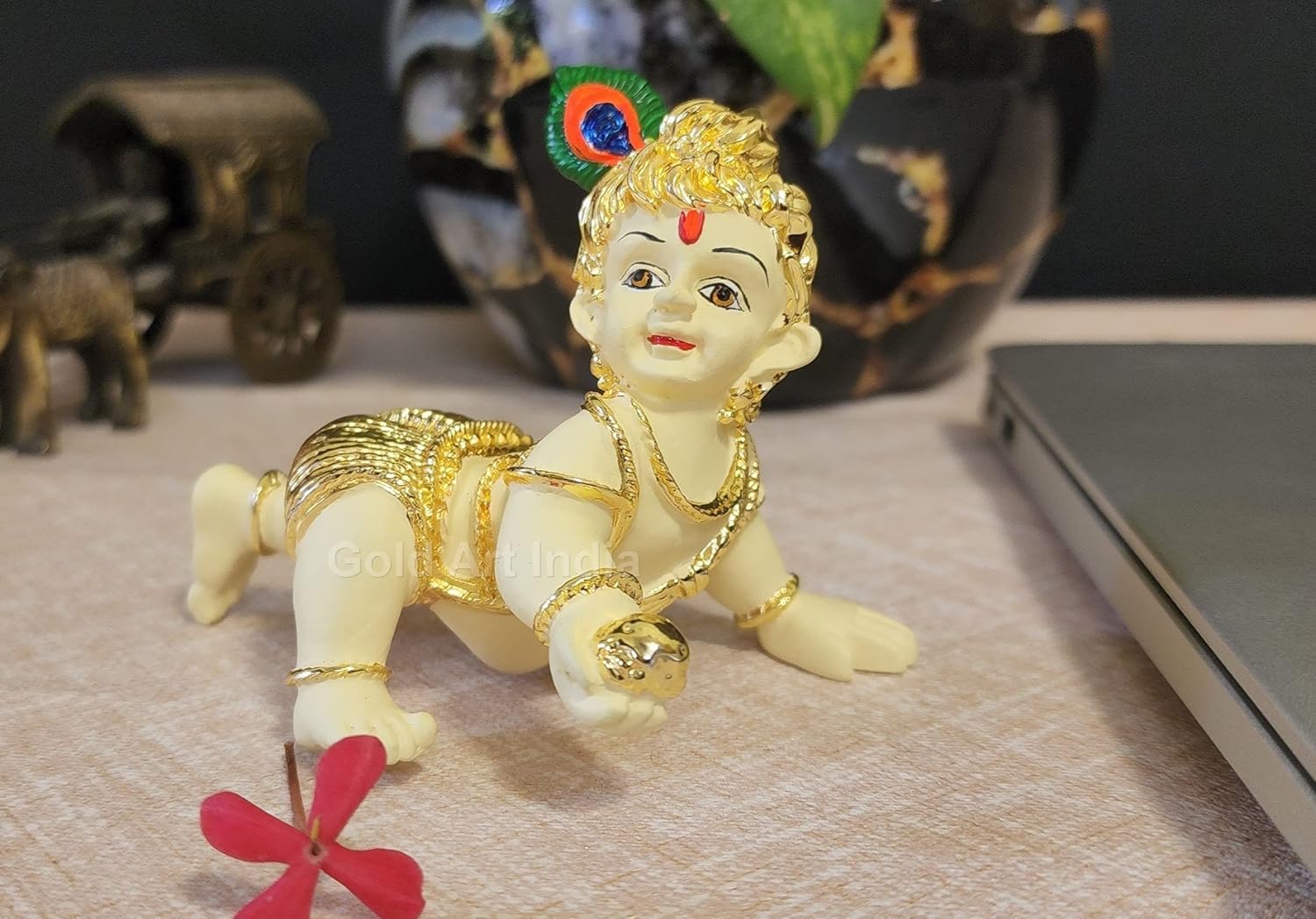 Laddu Gopal Gold Plated Off-White Idol, Bal Gopal, Little Krishna, Synthetic Resin, Makhan Chor Statue, Made In India Using High-Quality Idol, Durable, Special Occasions