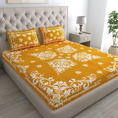 Printed Bedsheet For Double Bed With 2 Pillow Covers - 83 X 94 Inches, Yellow & White | Ideal For Hotel, Guest House, Home | Traditional Jaipuri Bedsheets