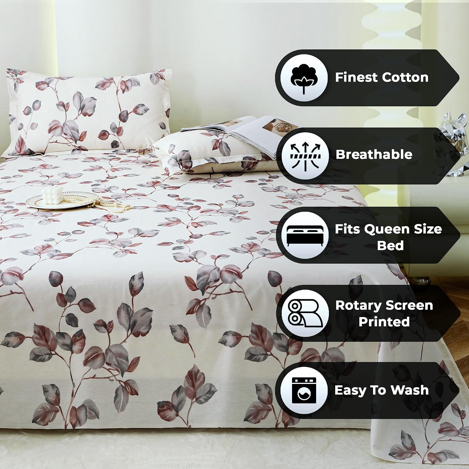 Bedsheet For Double Bed Cotton With 2 Pillow Covers, White & Mauve - Queen Size 88 X 100 Inches | 190 Thread Count - Ideal For Festive Occasions