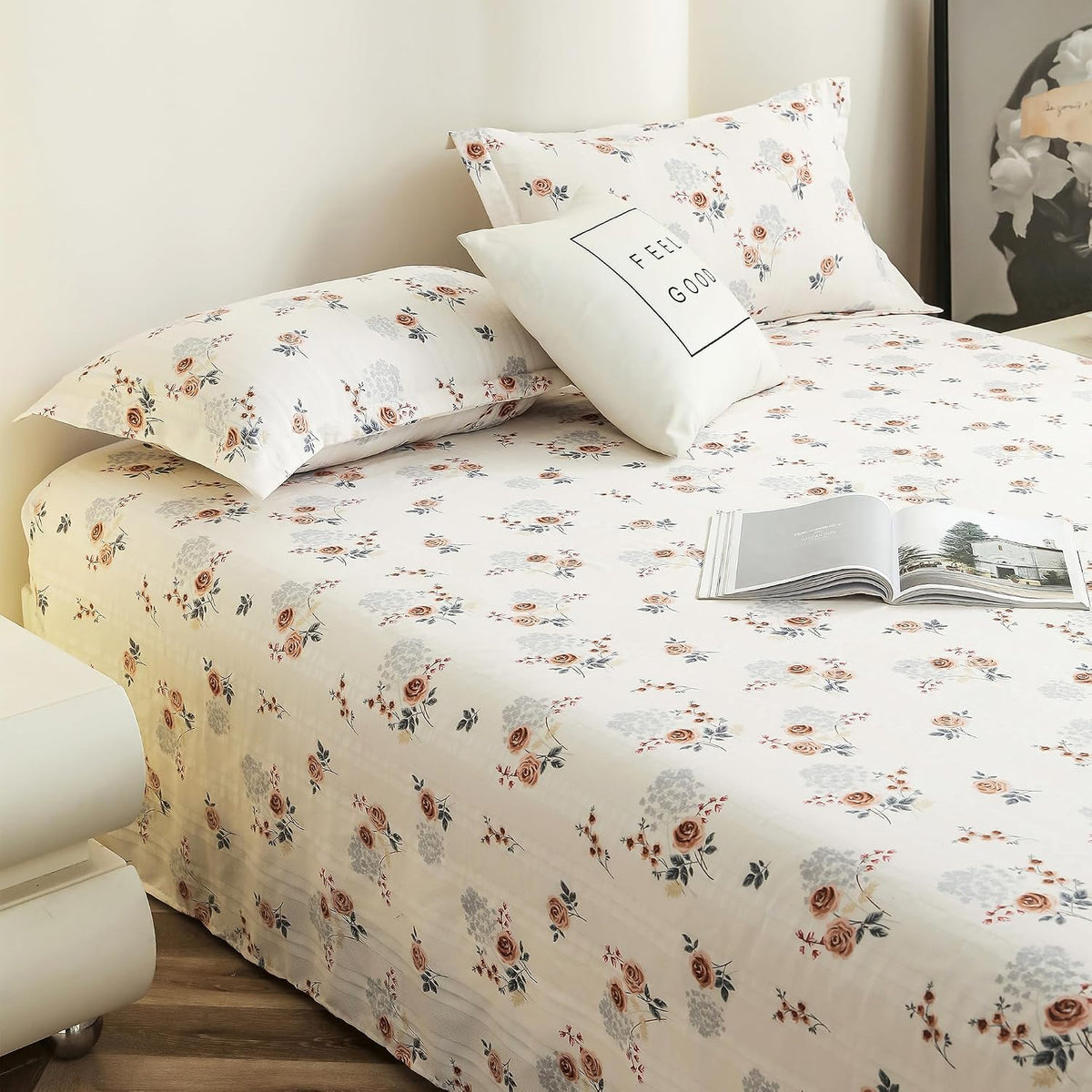 Flat Bedsheet For King Size With Two Pillow Covers - 100 X 108 Inches, White & Brown | Super Soft Bed Sheet For King Size Bed | Floral Design