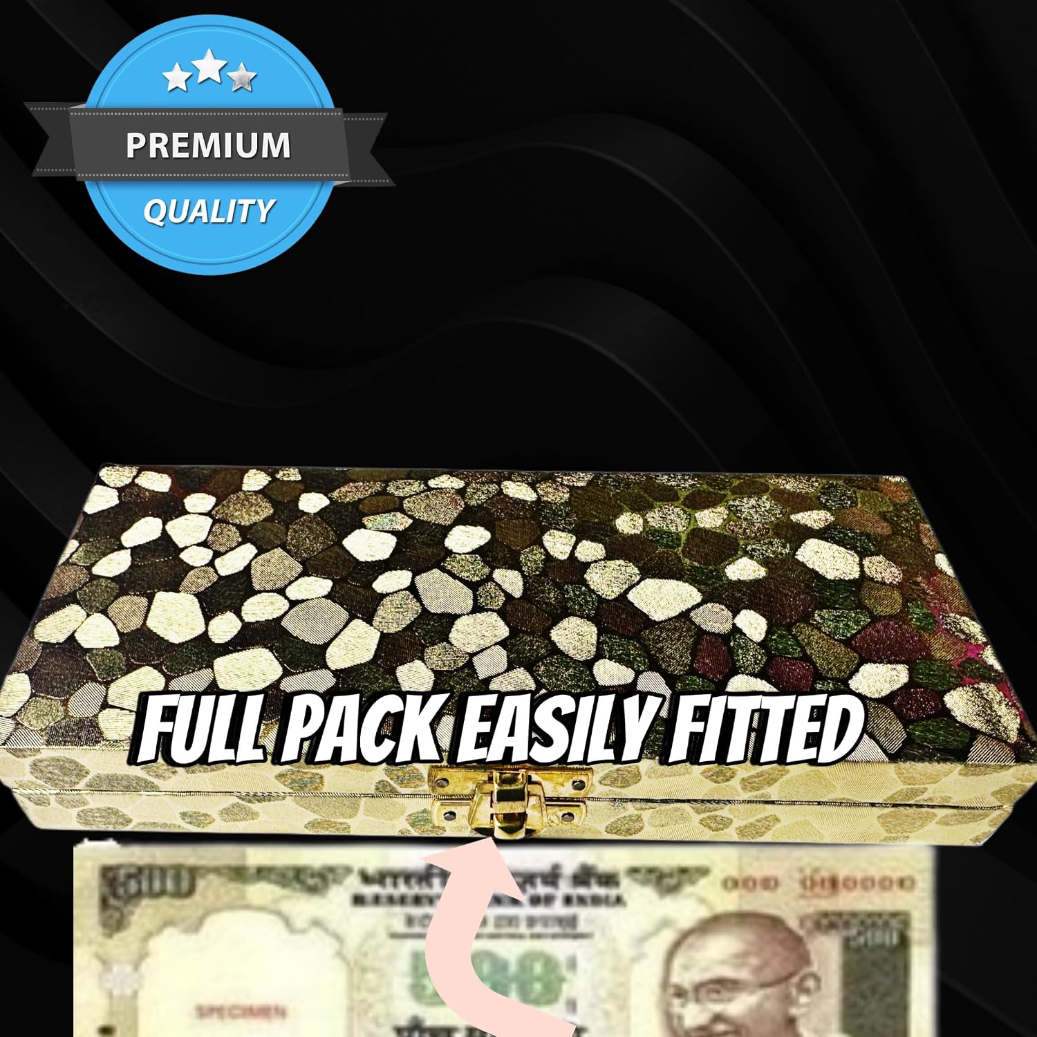 Designer Premium Mdf Wedding Box/Cash Box, Shagun Box, Decorative Box, Money Box, Gaddi Box 20 X 9 X 4cm, Colour - Golden, Style - Elegant