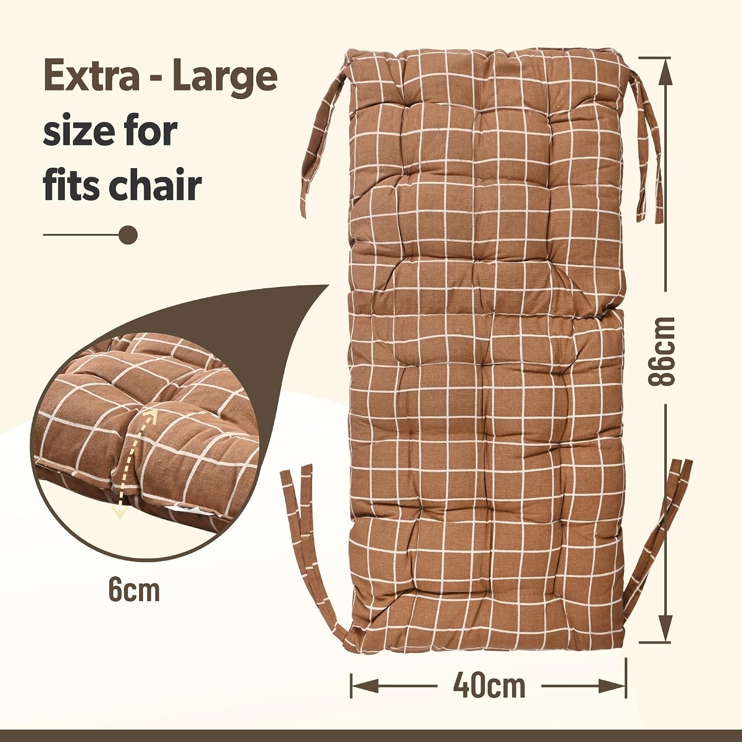 Long Comfortable Rocking Chair Cushion With Ties, Check Printed - Brown - 18 X 36 Inch | Back Rest & Seat Cushions Chair Pad, For Rocking Chairs | Chair Cotton Cushion For Office & Home Use