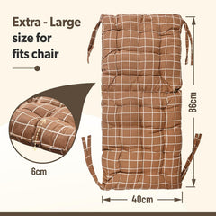 Long Comfortable Rocking Chair Cushion With Ties, Check Printed - Brown - 18 X 36 Inch | Back Rest & Seat Cushions Chair Pad, For Rocking Chairs | Chair Cotton Cushion For Office & Home Use