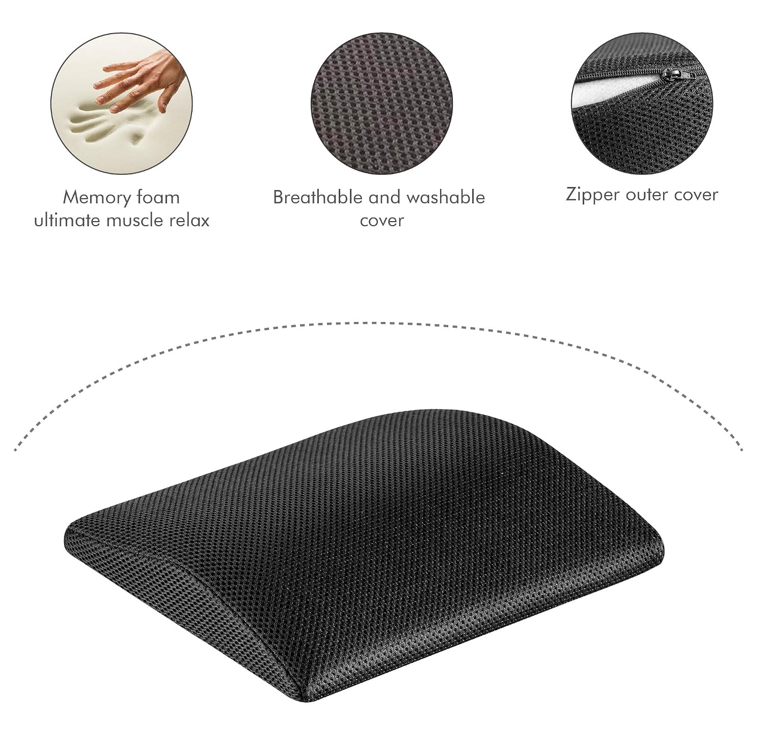 Memory Foam Pillow, Travel Lumbar Back Support Chair Cushion Pillow, Black, Small Size - 11 L X 9.5 W X 2 H Inch | Pillow For Car, Airplane, Long Drive With Breathable Cover - Pack Of 1