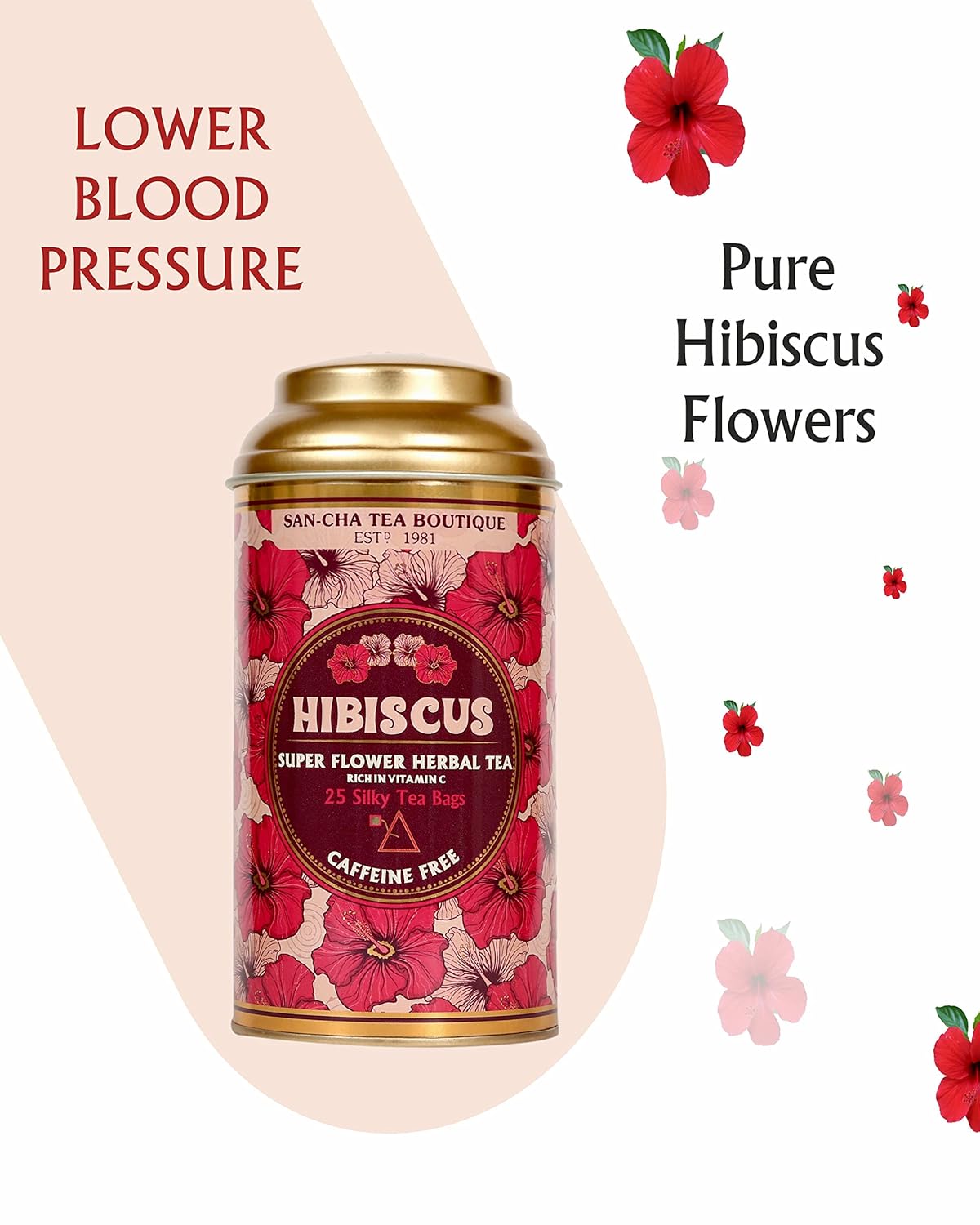San-Cha Hibiscus Super Flower Herbal Tea - 25 Silky Tea Bags | Rich In Vitamin C, Helps Boost Immunity - Caffeine Free
