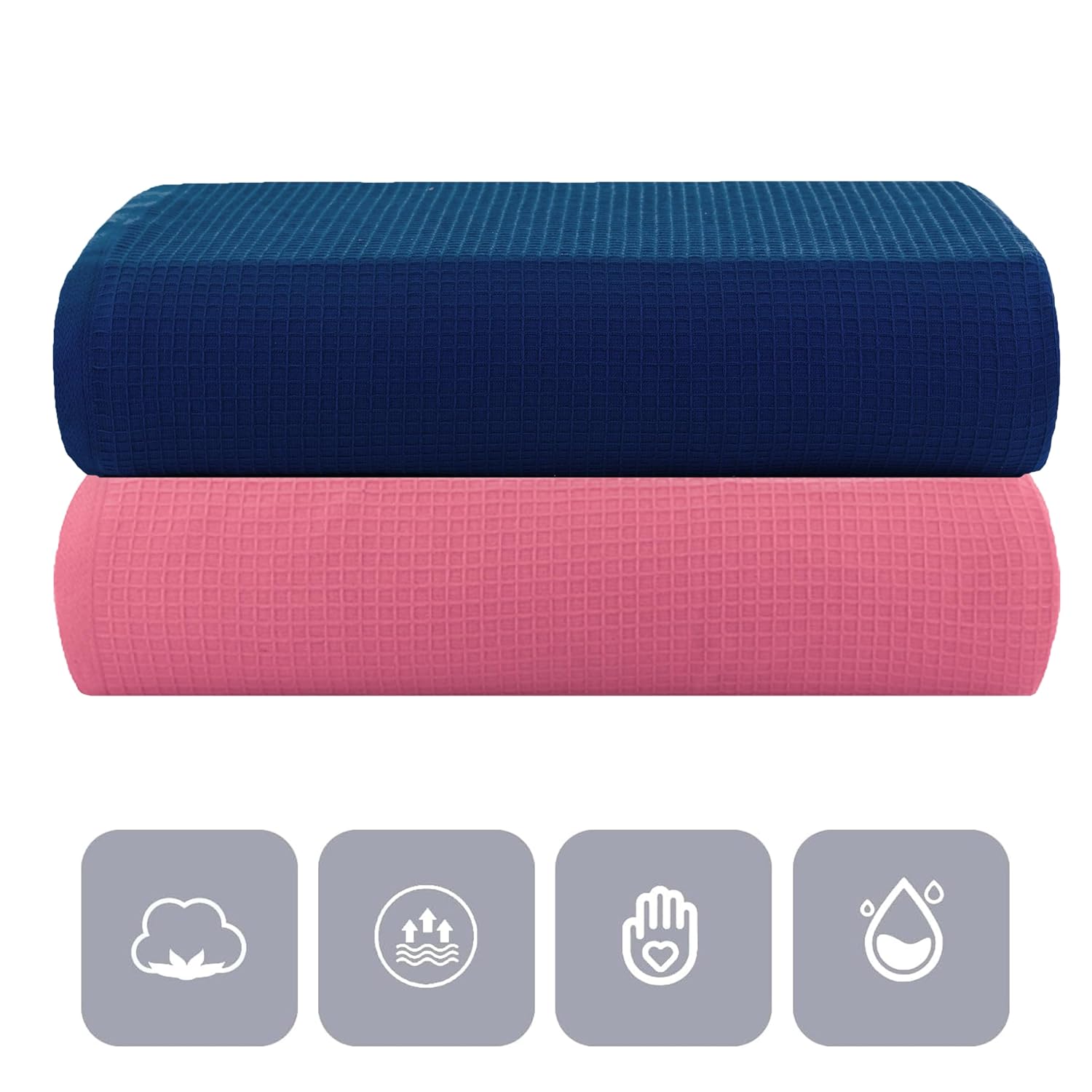 Casa Copenhagen Designed In Denmark Waffle Super Soft 2 Pieces 100% Cotton Large Bath Towel 525 Gsm - Navy & Pink