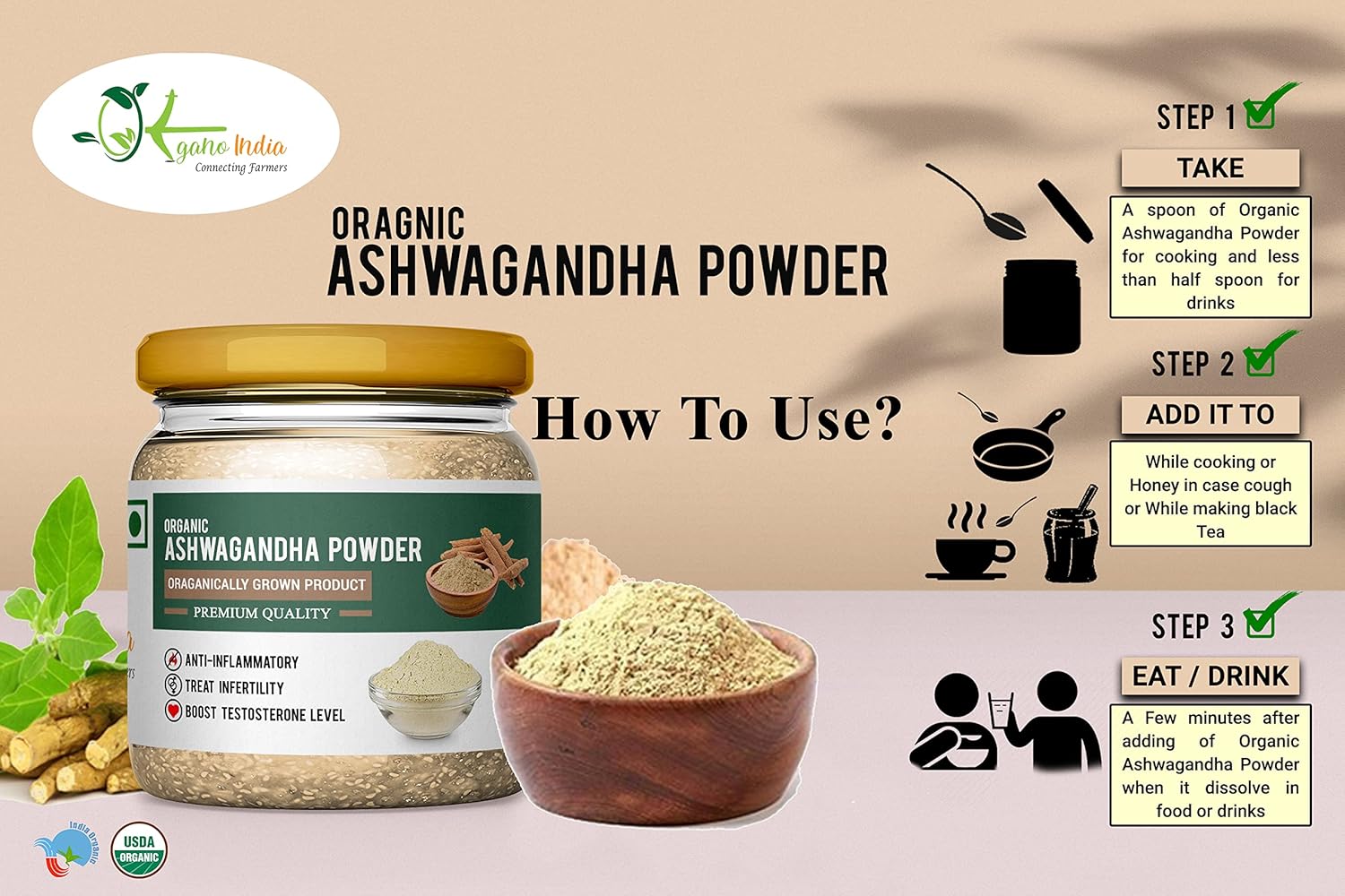 Organo India Pure Quality Ashwagandha Powder Help Reduce Anxiety & Stress, Improve Strength, Helps In Increasing The Testosterone Levels And Have Potential Benefits | 150gm 0.3lbs