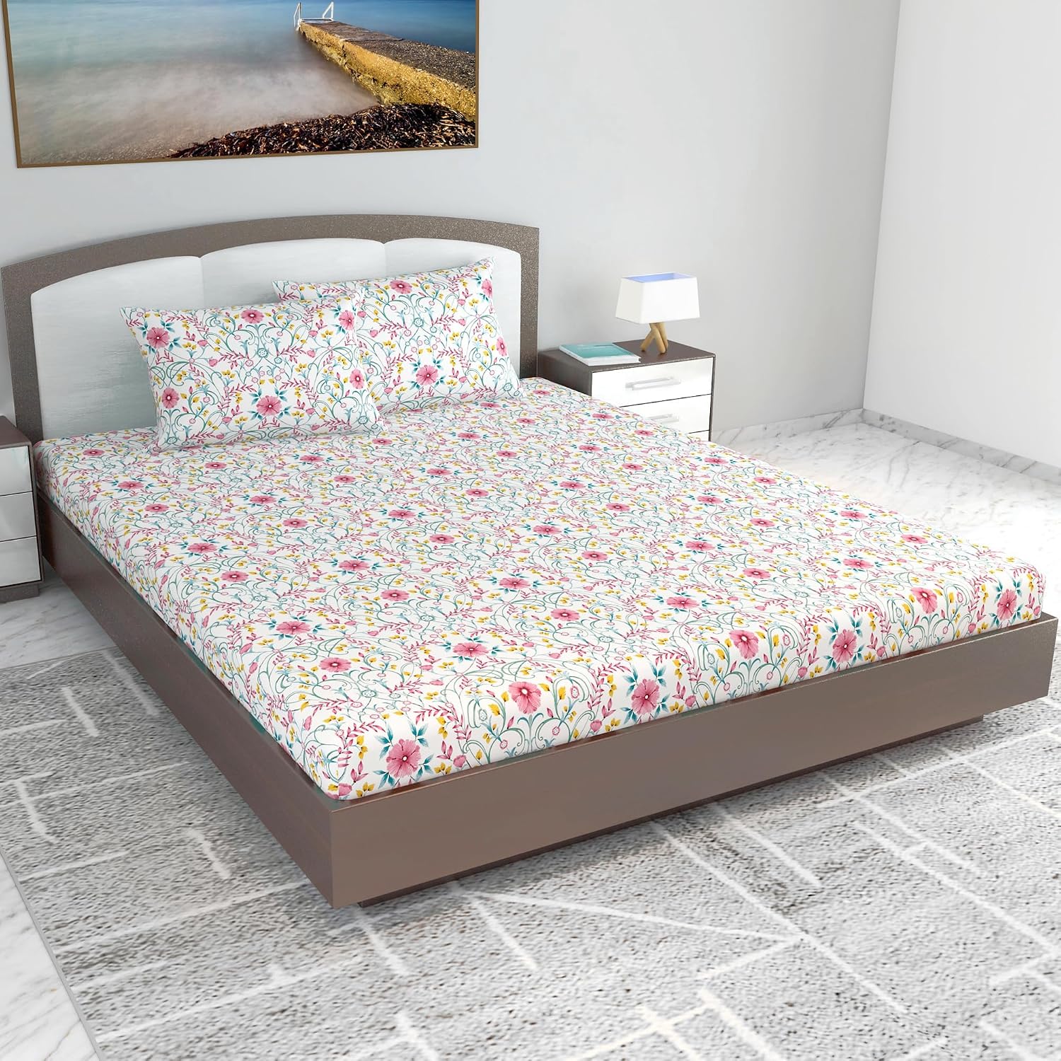 King Size Double Bedsheet With 2 Pillow Cover - 108 X 108 Inches, White & Pink | Skin Friendly Fabric For Everyday Comfort - Perfect Gifting For Wedding Anniversary