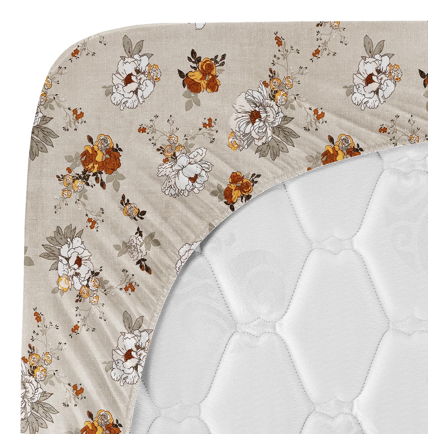 Double Bedsheets With 2 Pillow Covers Size-72x68+6 Inches, Off White & Brown | Wrinkle Free Super Soft Floral Pattern Breathable - Durable & Long-Lasting