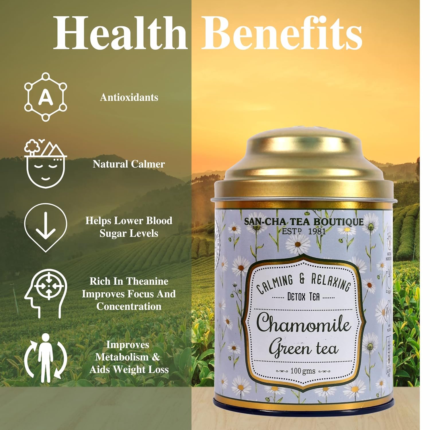 San-Cha Chamomile Green Tea - 100gm, 3.5 Ounce | Calming & Relaxing Detox Tea - Environment Friendly & Made In Corn Fiber | Low Caffeine