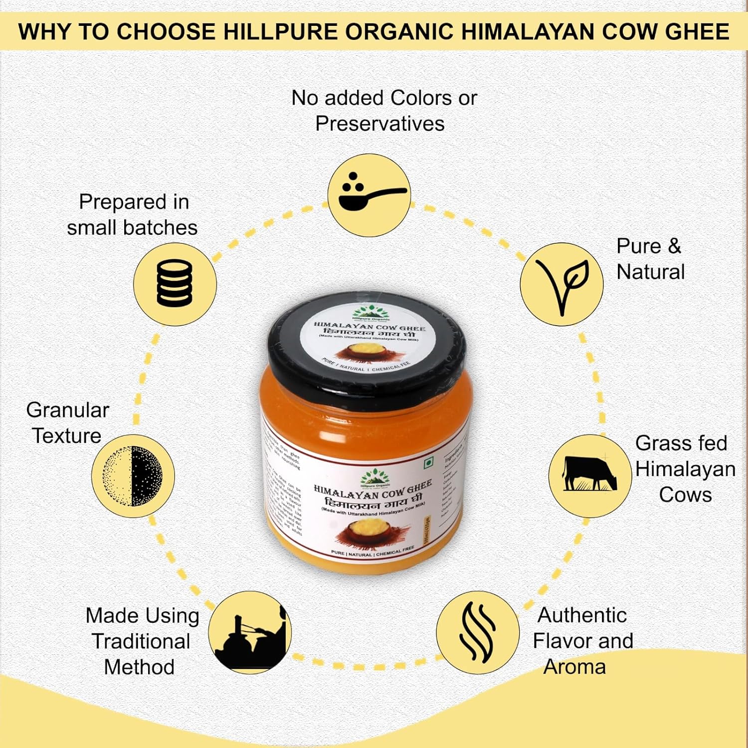 Pure Natural Uttarakhand Himalayan Cow Ghee By Hillpure Organic | Great Source Of Essential Nutrients Desi Ghee For Strengthens Immunity | (500ml) 16.9 Ounce | Jar Pack