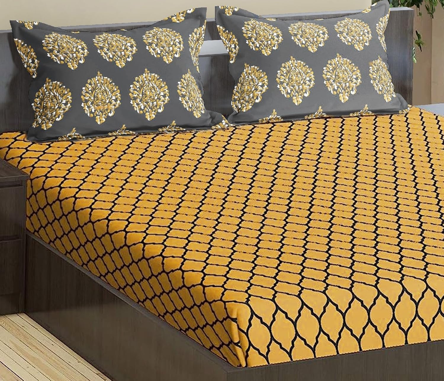 Jaipuri Design Cotton King Size Printed Bedsheet With 2 Pillow Covers - 108 X 108 Inches, Grey & Mustard | Ideal For Home Use & Perfect For Gifting On Weddings, Housewarmings & Festivals