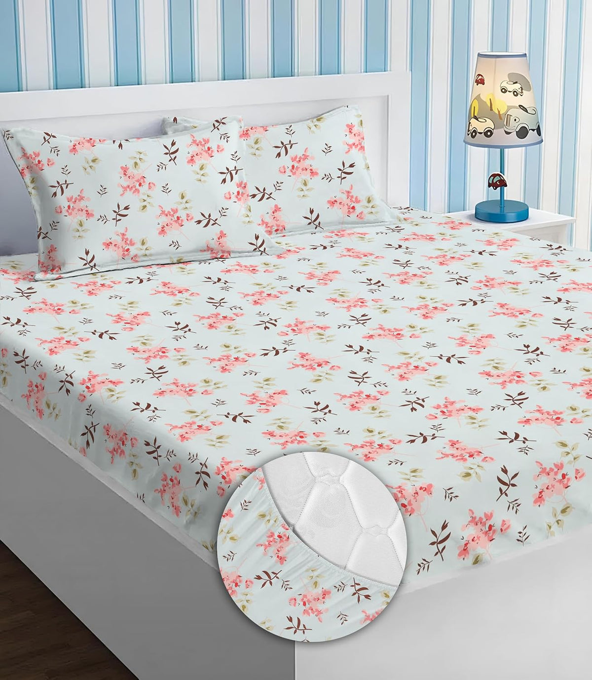 Cotton All Round Elastic Fitted Bedsheets For Double Bed With 2 King Size Pillow Covers | Size-72 X 78 +10 Inches, Pink & Aqua - Lightweight, Soft, & Comfortable Bedsheet