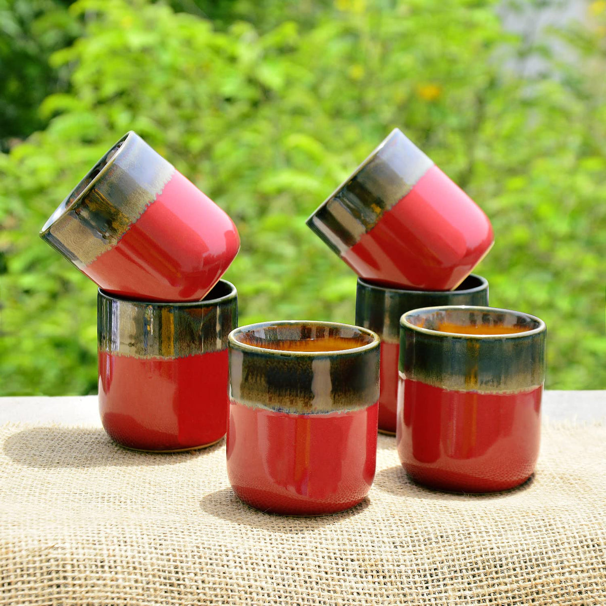 Studio Pottery Glazed Dual Tone Ceramic Glasses Set Of 6 - Pink & Brown, 225ml Each | Cutting Chai Glasses - Tea Glasses Or Tumblers