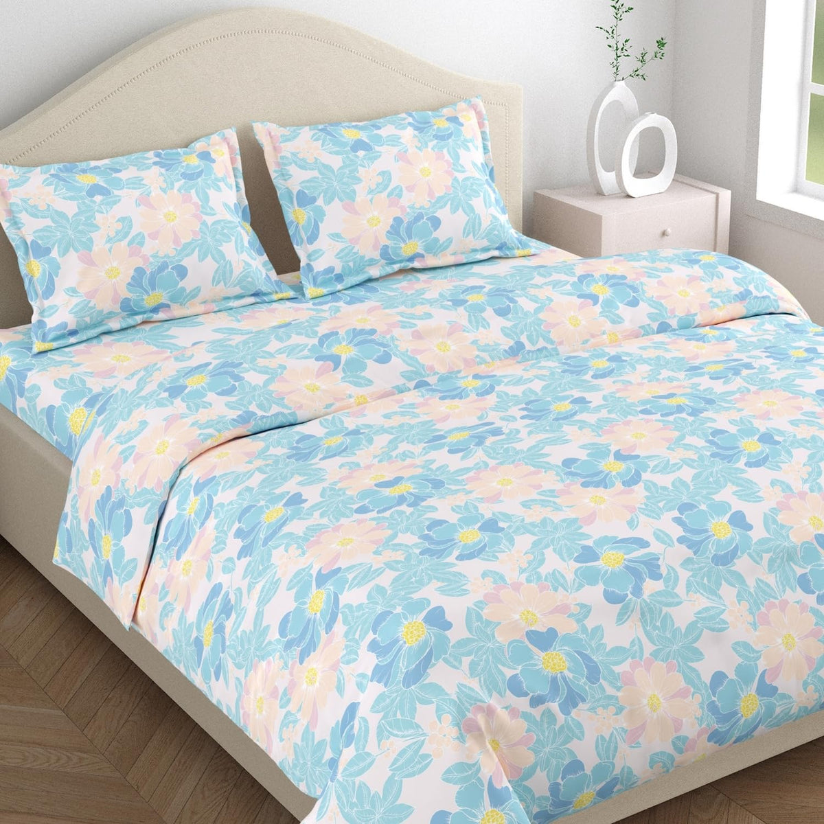 Bedsheet Double Bed For Queen Size - 100 X 90 Inches 2 Pillow Cover, Sky Blue | Ideal For Everyday Use | Soft, Skin-Friendly & Durable Cotton Fabric