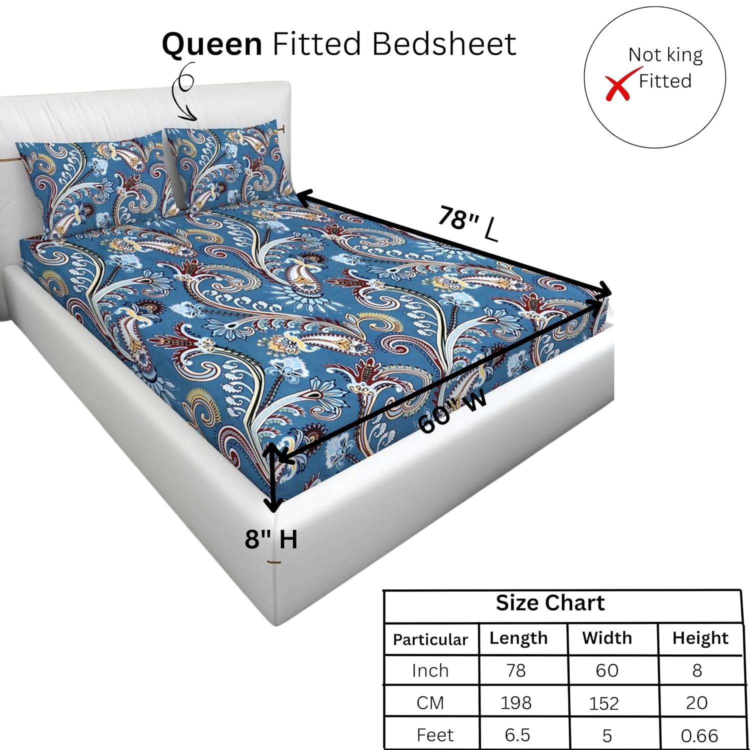 Printed Bedsheet For Queen Size With 2 Pillow Covers - 78 X 60 X 8 Inches, Light Blue | Luxurious Glace Cotton Super Soft | 210 Thread Count