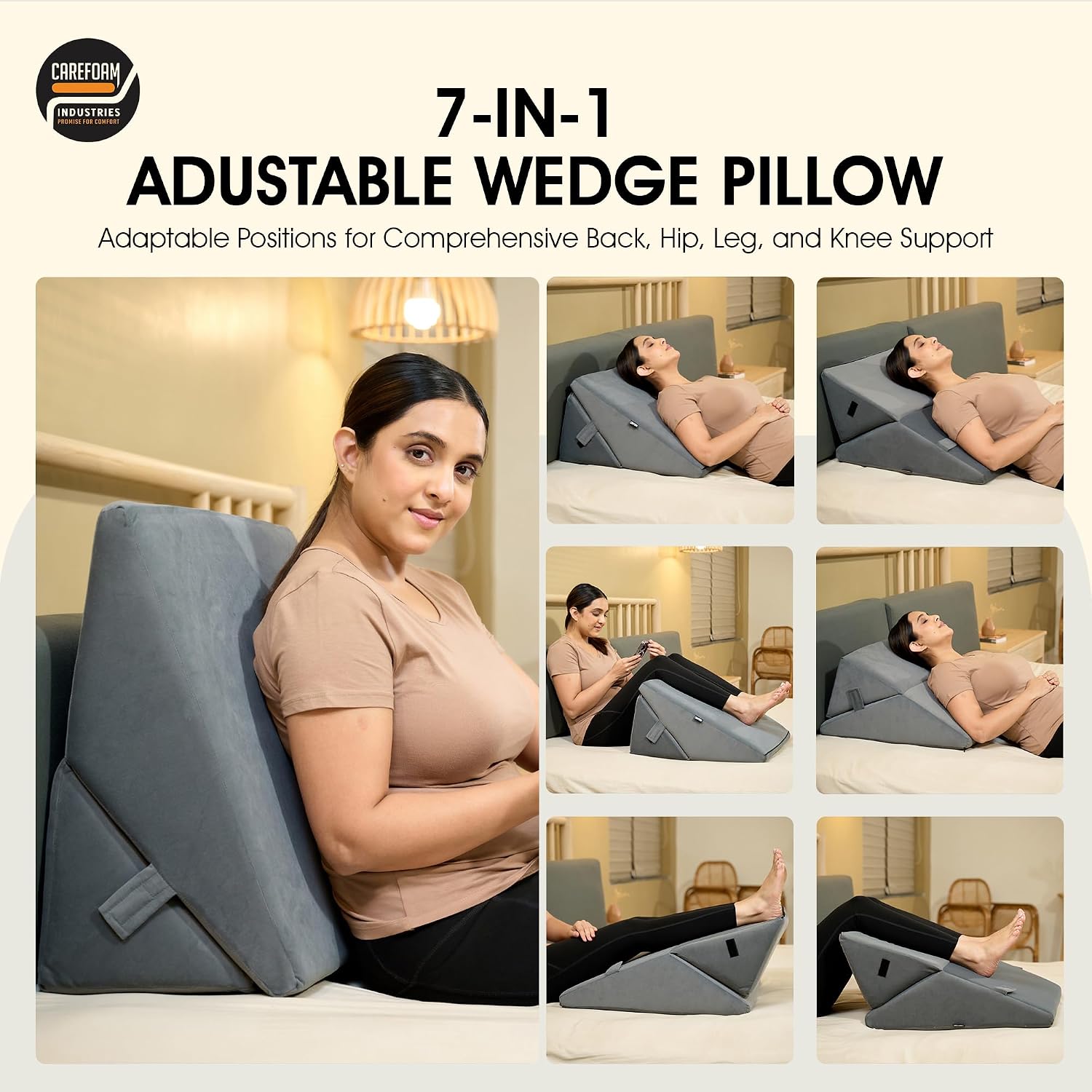 Wedge Pillow, Adjustable Memory Foam Bed Wedge Pillow For Sleeping, Grey - 22 X 22 X 12 Inch | For Acid Reflux, Gerd, Snoring, Pregnancy, Post-Surgical Recovery | Washable Velvet Cover