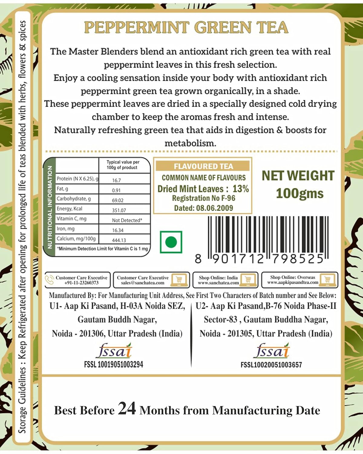 San-Cha Peppermint Green Tea - 100gm, 3.5 Ounce | Refreshing & Cooling Digestive Tea - Boosts Metabolism | Low Bitterness, Low Caffeine