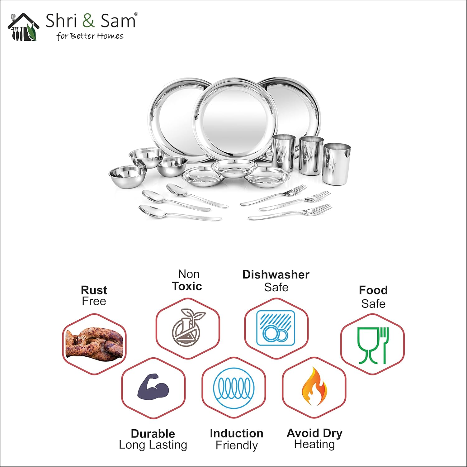 Stainless Steel Delight Solid Dinner Set Of 18 Pieces, Silver | 3 Dinner Plates+ 3 Glasses+ 3 Bowls+ 3 Pudding Bowls+ 3 Dessert Spoons+ 3 Dessert Forks - Easy To Clean & Dishwasher-Safe