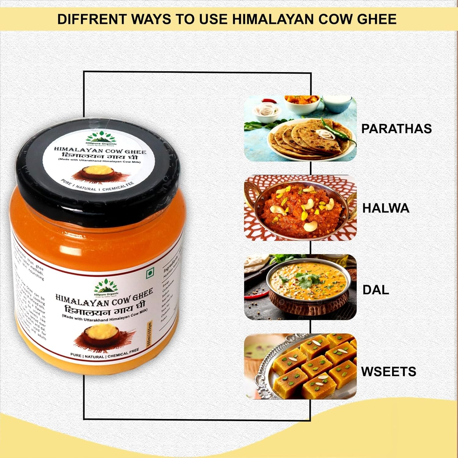 Pure Natural Uttarakhand Himalayan Cow Ghee By Hillpure Organic | Great Source Of Essential Nutrients Desi Ghee For Strengthens Immunity | (500ml) 16.9 Ounce | Jar Pack
