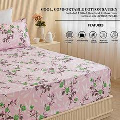 Floral Printed Fitted Single Bedsheet With 1 Pillow Case - 72 X 48 Inches, Lavender & Pink | Breathable & Wrinkle Free, Soft Touch Sheet