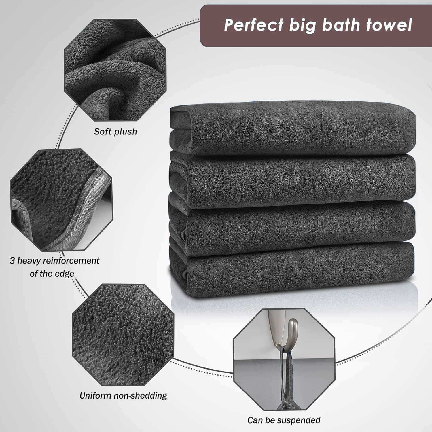 Maxoshine Microfiber Bath Towels Large Size-Super Soft Coral Fleece Bathing Towel With Hook Quick Dry Super Absorbent-Bath Towel For Men & Women (Green/Grey, Pack Of 2)