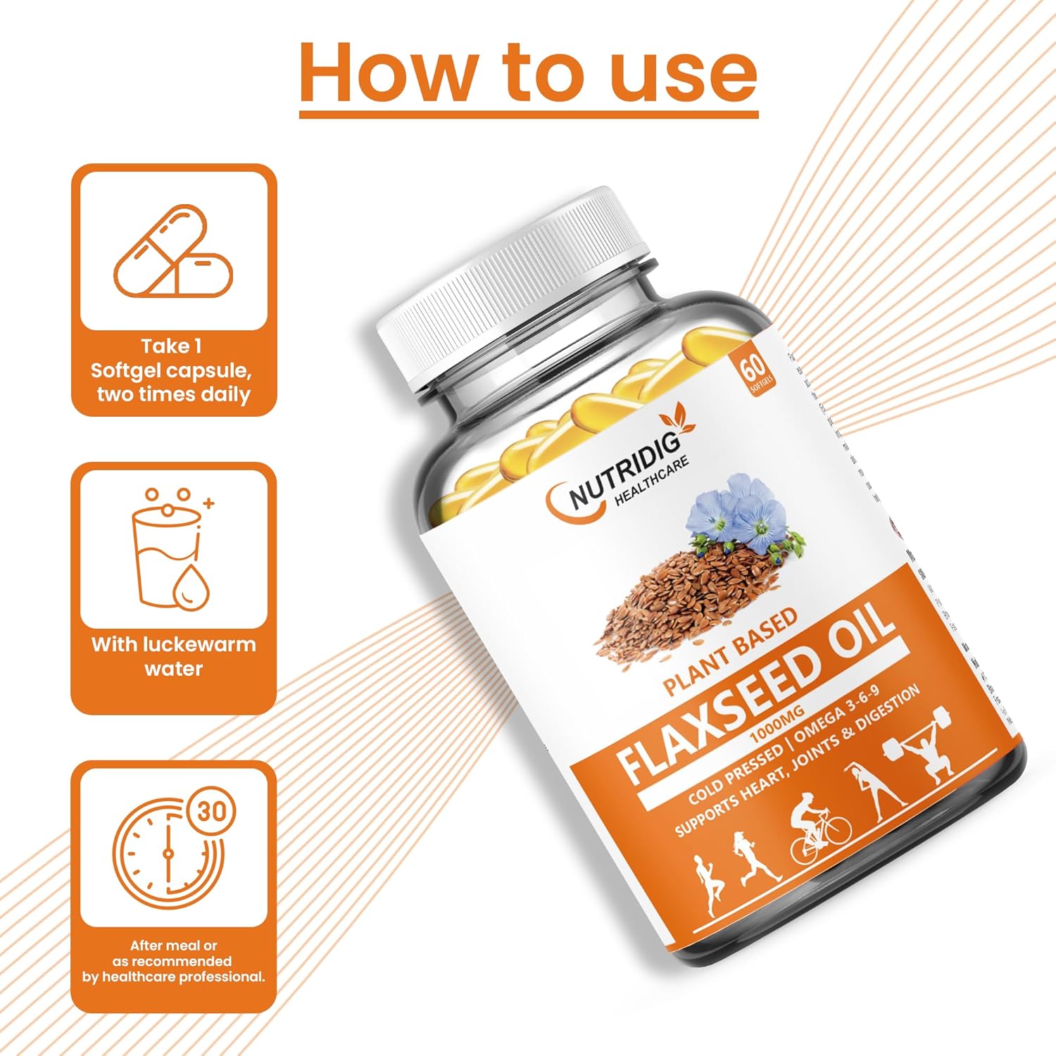 Nutrdig Healthcare 1000mg Flaxseed Oil Soft Gel Capsules With Omega 3-6-9 For Joint, Heart, Skin & Metabolism | 60 Softgels For Men & Women 100gm 0.2lbs