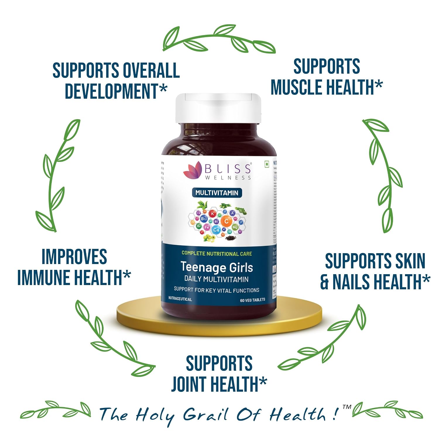 Bliss Welness Teenage Girl Multivitamin With Vitamin & Minerals, Calcium Magnesium Zinc, Aloe Vera , Bamboo & Grapeseed For Immunity, Hair Skin Nails | 60 Tablets , 100gm 0.2lbs