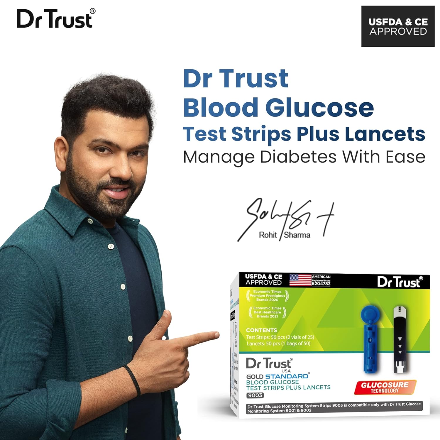 Dr Trust USA Gold Standard Blood Glucose Test Strips Plus Lancets - 50 Strips (Black)