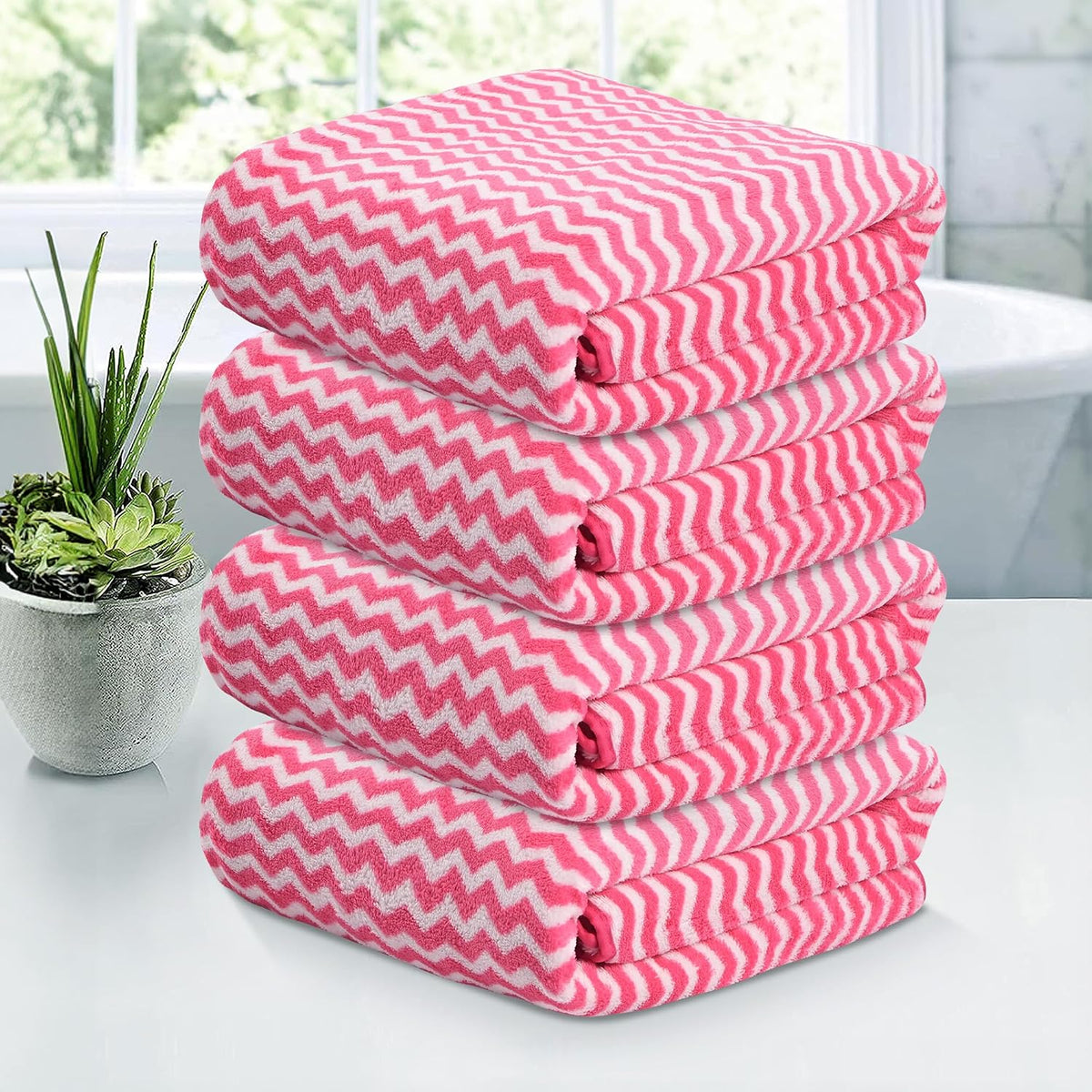 Kuber Industries Microfiber Bath Towel 1400 Gsm | Large Size Soft Quick Dry & Absorbent Shower Bath Towel (Zig Zag- Pink)- Pack Of 4