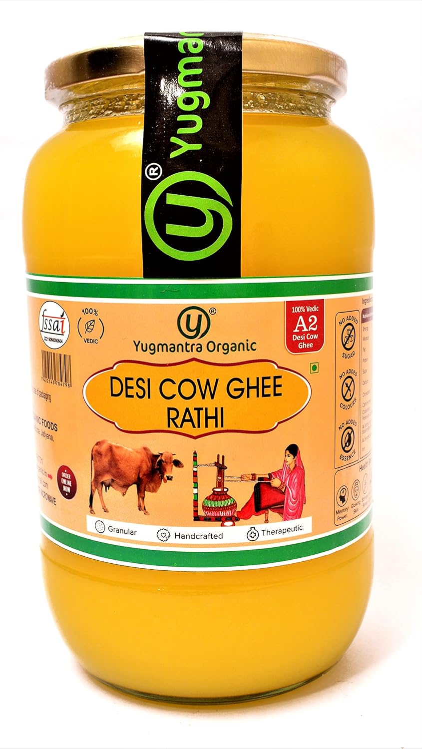 Natural Rathi Desi A2 Cow Ghee By Yugmantra Organic Foods | Natural & Healthy Gir Cow Cultured Desi Ghee Perfect For Energy | (1 Litr) 33.8 Ounce | Jar Pack