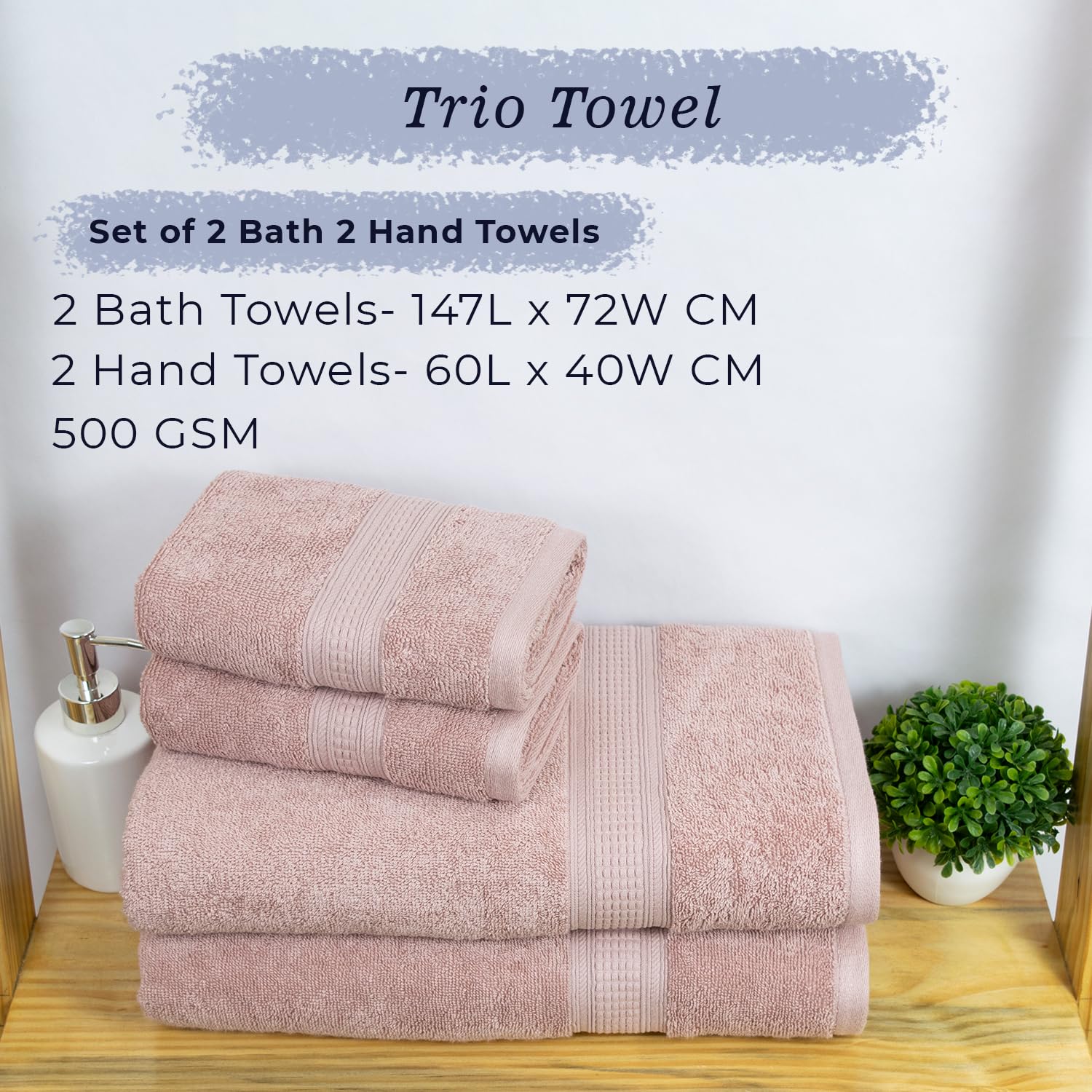 Rangoli 100% Cotton Fibre 2 Bath & 2 Hand Towel 1400 Gsm | Highly Durable & Super Absorbent Towel | Skin-Friendly & Quick Drying Luxury Towels (Peach) - Pack Of 4