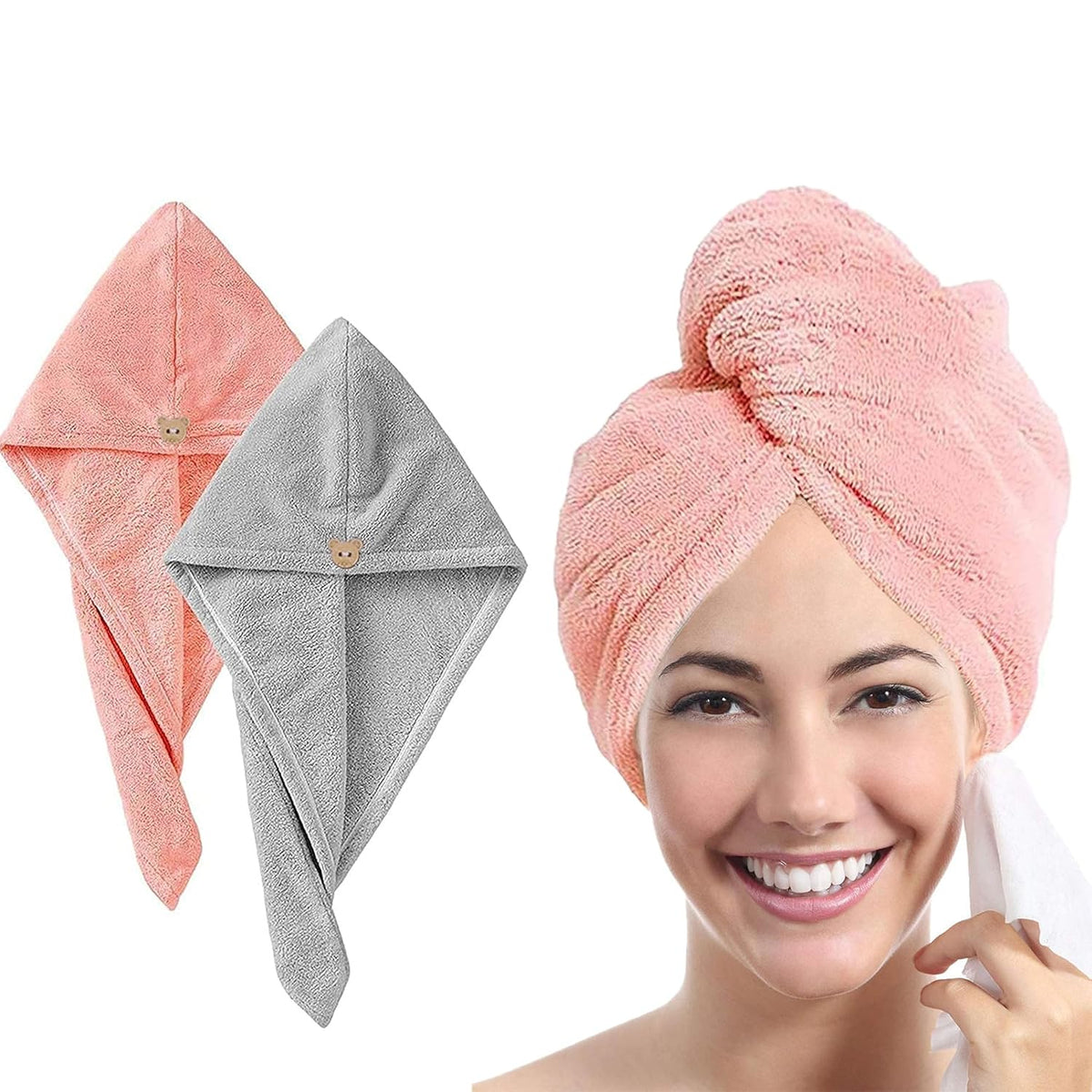 Maxoshine Hair Towel Wrap For Women-Quick Drying Microfiber Towel For Hair With Elastic Loop For Tying-Super Absorbent Head Towels (Assorted-Grey/Pink)