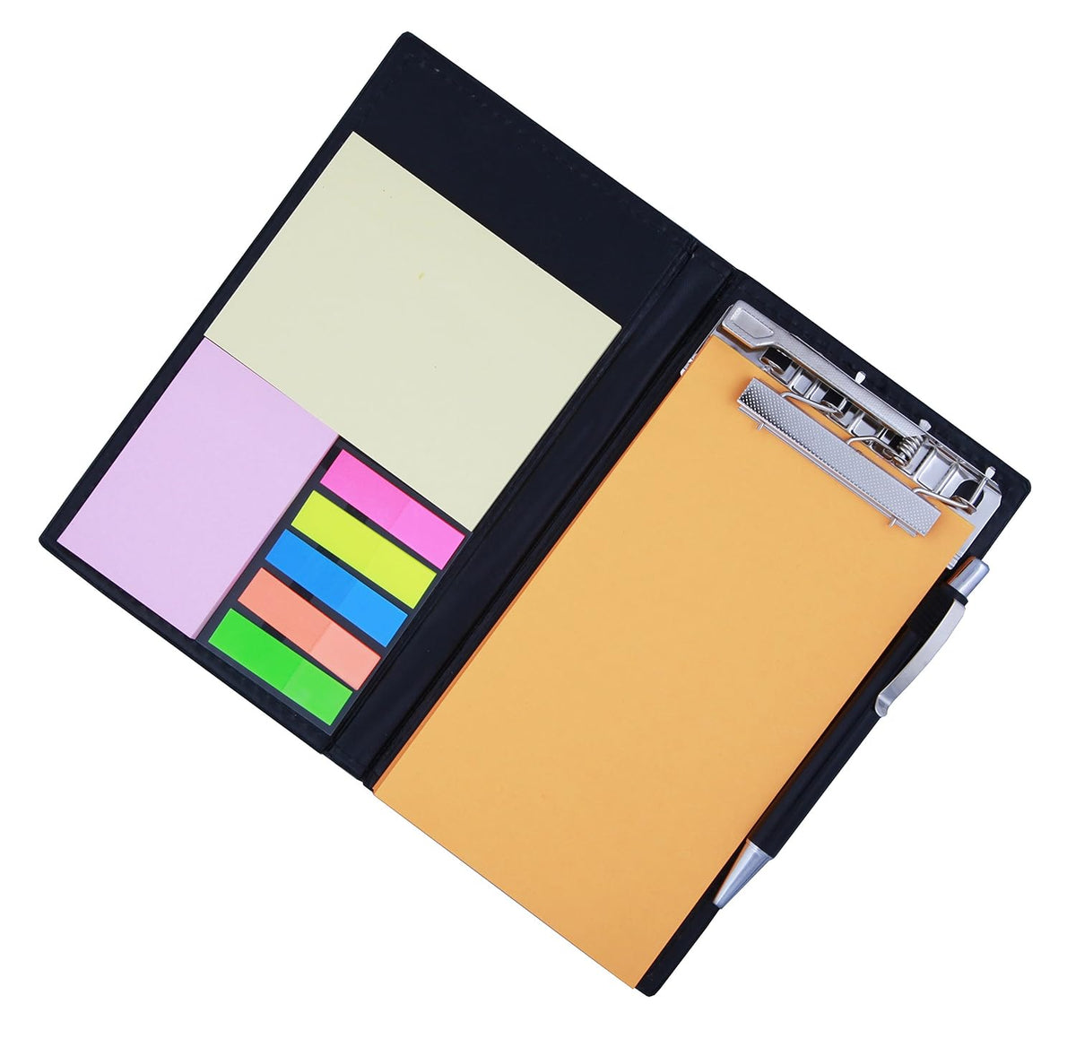 Sticky Notes, Clip Holder & Pen | Desk & Office Organizer Notebook (Orange)
