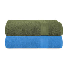 House Of Terry 100% Cotton Bath Towel 1000 Gsm | Quick Dry, Soft & Absorbent, Fade-Resistant, Skin-Friendly Large Size Towel (Olive Green & Blue) - Pack Of 2