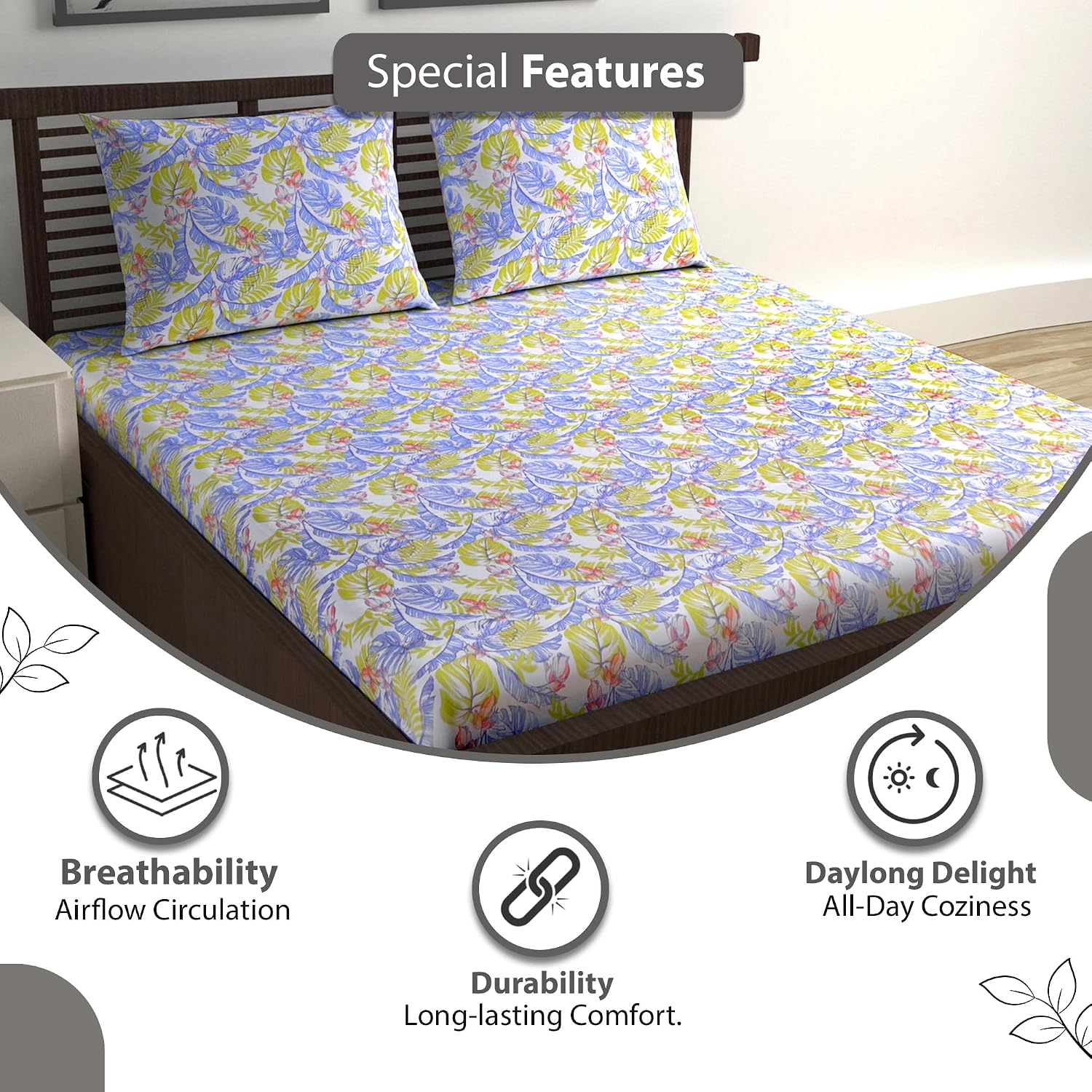 Cotton Double Bedsheet With 2 Pillow Covers - 87 X 100 Inches, Purple & Yellow | Smooth & Comfortable For Daily Use - All Weather Coziness & Bedroom Style