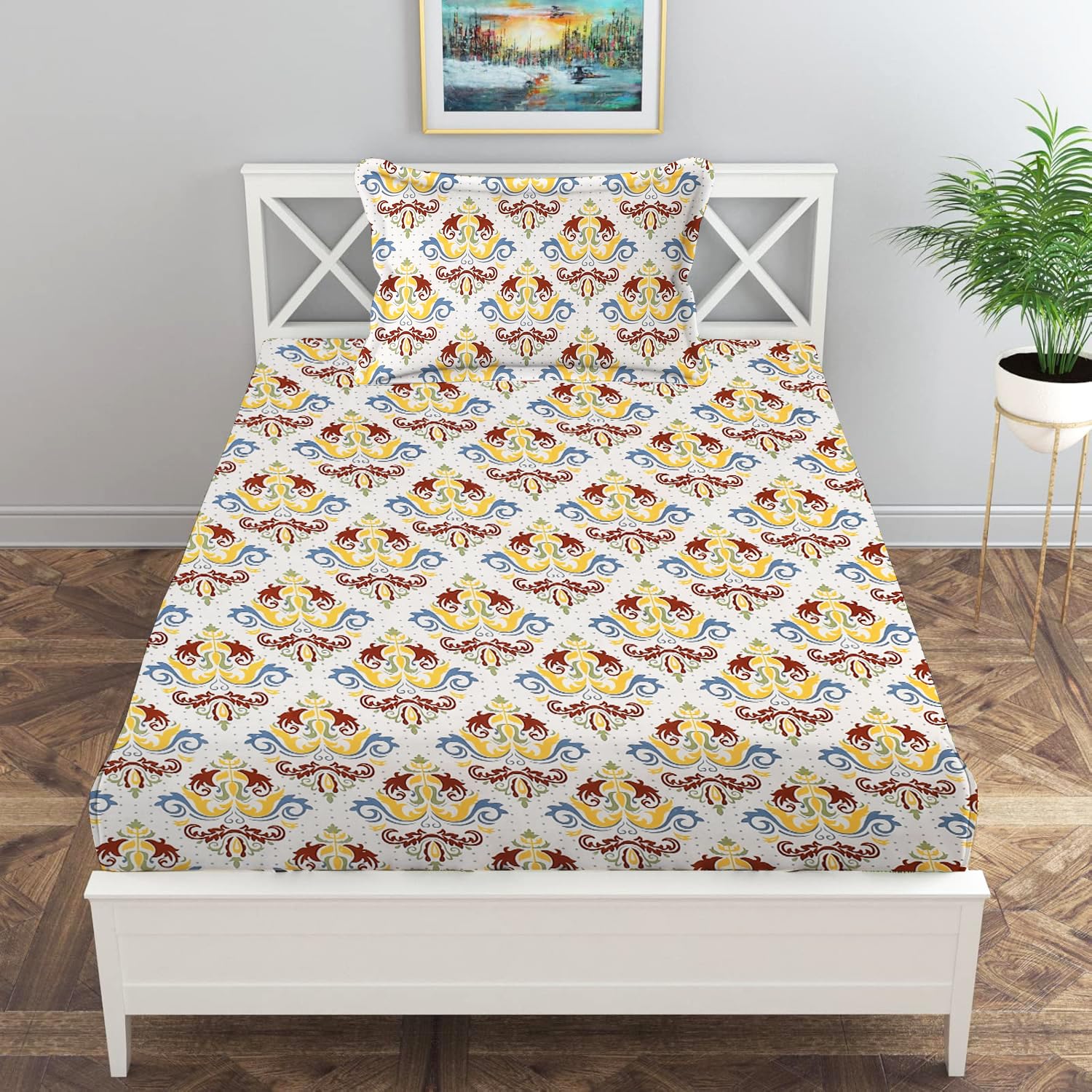Print Cotton 1 Single Bedsheet With 1 Pillow Cover - 60 X 90 Inches, Multicolor | Soft & Breathable Fabric, Skin-Friendly Bed Sheet For All Seasons