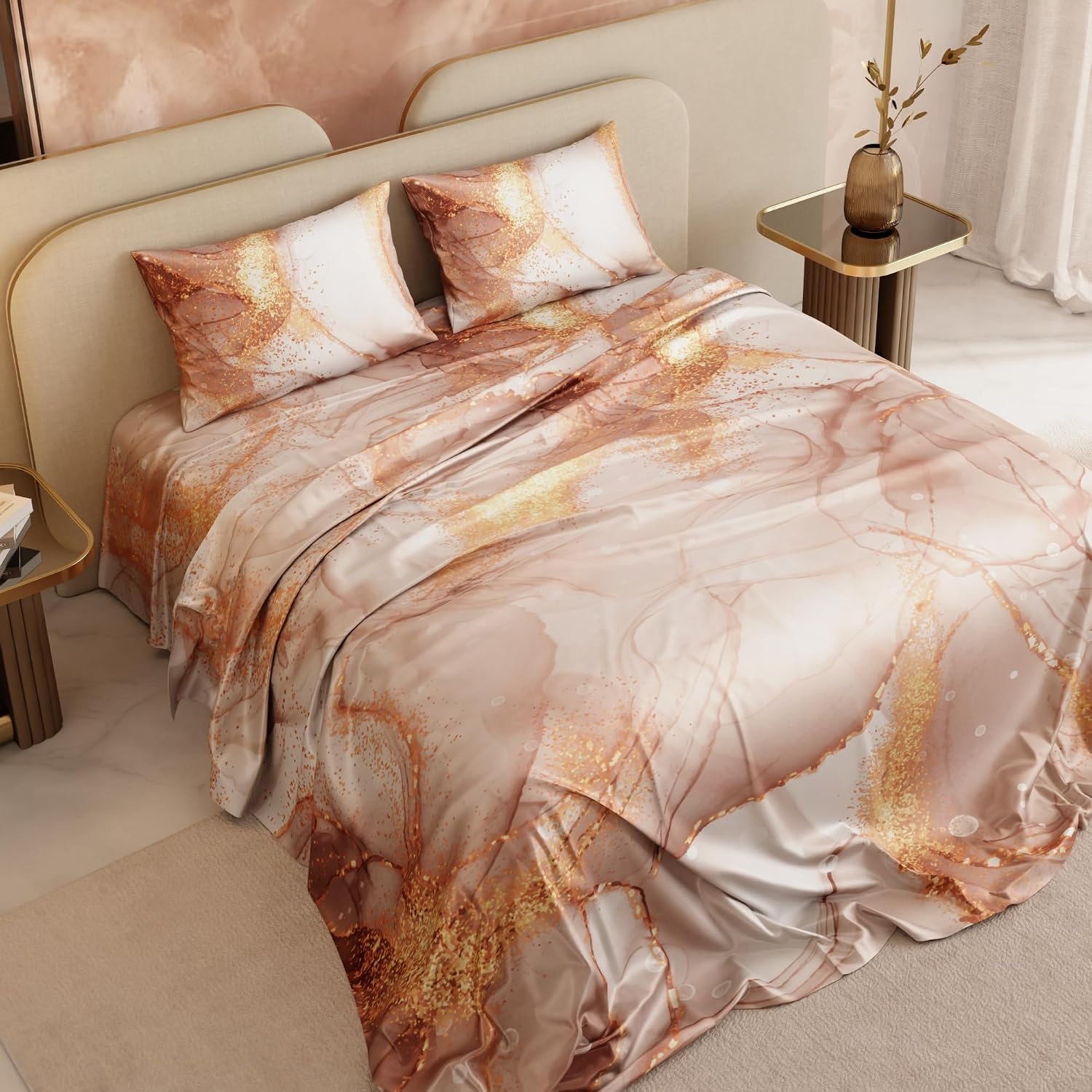 Bedsheet For Super King Size Bed With 2 Matching Pillow Cover - 108 X 108 Inches, Champagne & Gold | Ideal For Healthy Skin & Hair | 100% Premium Fabric Is Lightweight, Soft & Comfortable