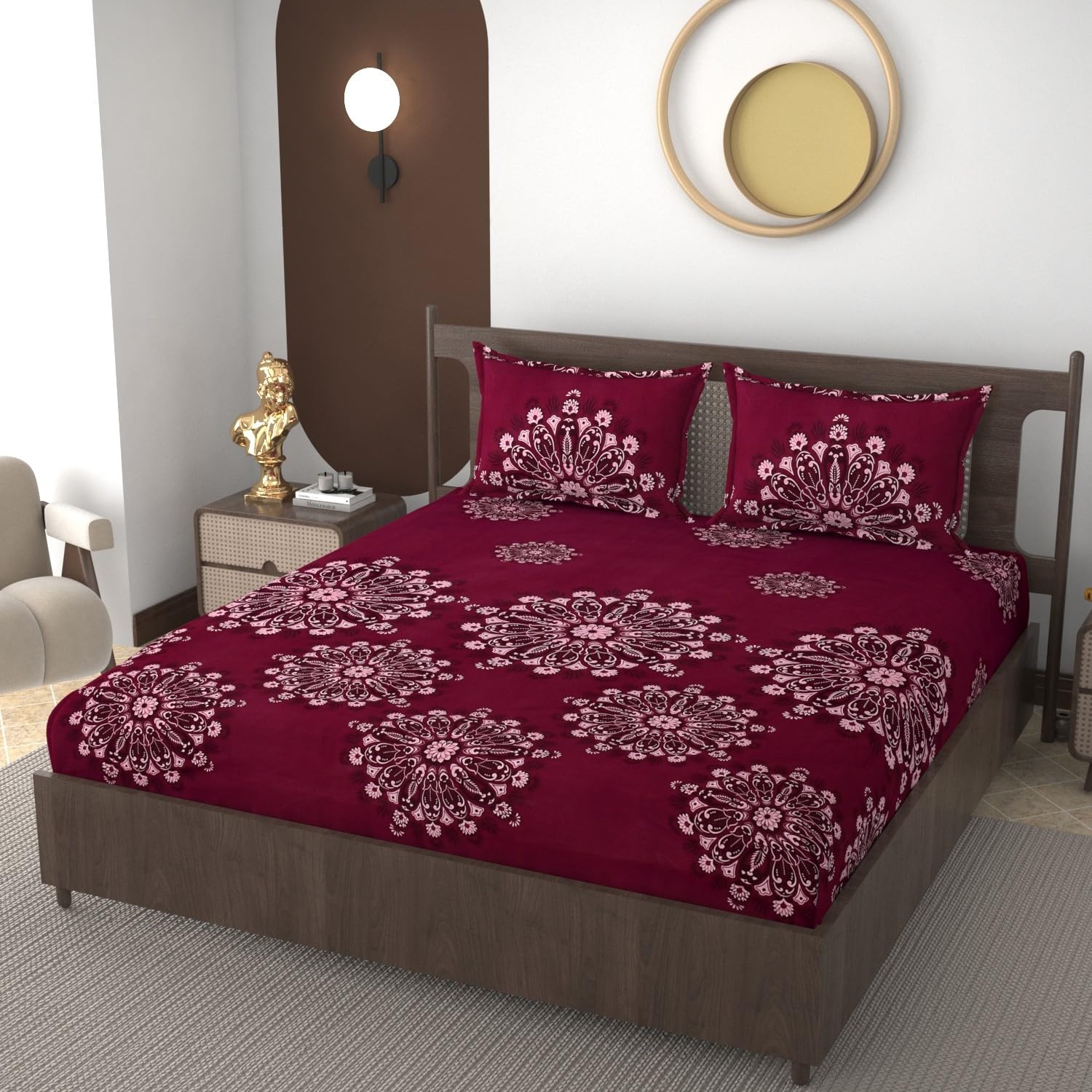 King Size Elastic Fitted Bedsheets With 2 Pillow Covers - 90 X 100 Inches, Maroon | Soft Wrinkle Free & Breathable Elastic Bedsheets - Durable & Long Lasting Bedsheet