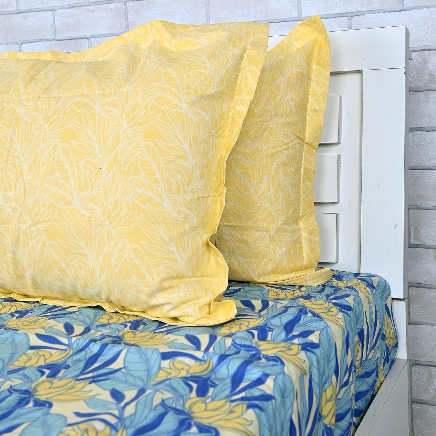 Queen Size Double Bedsheet With 2 Pillow Covers - 87 X 100 Inches, Blue & Yellow | 144 Thread Count Pure Cotton Bedsheet - Light Weight, Soft, Skin Friendly | Perfect For Gifting