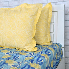 Queen Size Double Bedsheet With 2 Pillow Covers - 87 X 100 Inches, Blue & Yellow | 144 Thread Count Pure Cotton Bedsheet - Light Weight, Soft, Skin Friendly | Perfect For Gifting