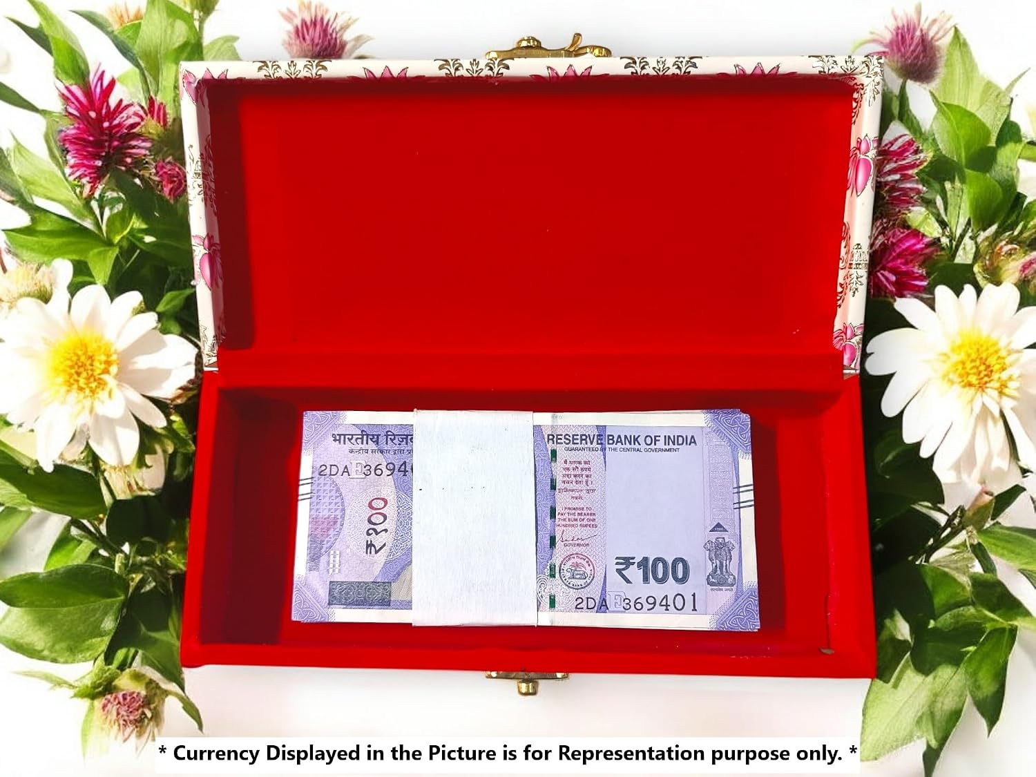 Premium Decorative Designer Mdf Gifting Cash Box For Wedding Shagun Cash Jewellery Money Envelope Geometric Acrylic Design, Lotus Flower, Colour - Pink
